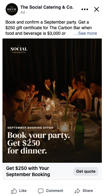 Meta feed preview: Book your party. Get $250 for dinner.