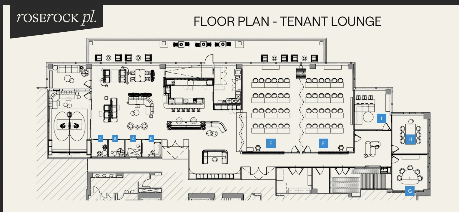 Floor plan of the Roserock Place tenant lounge and meeting rooms