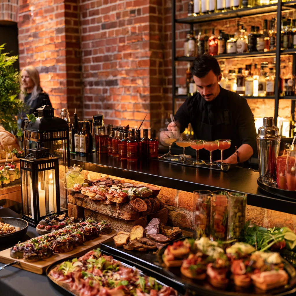 Cocktail bar setup with appetizers for a reception