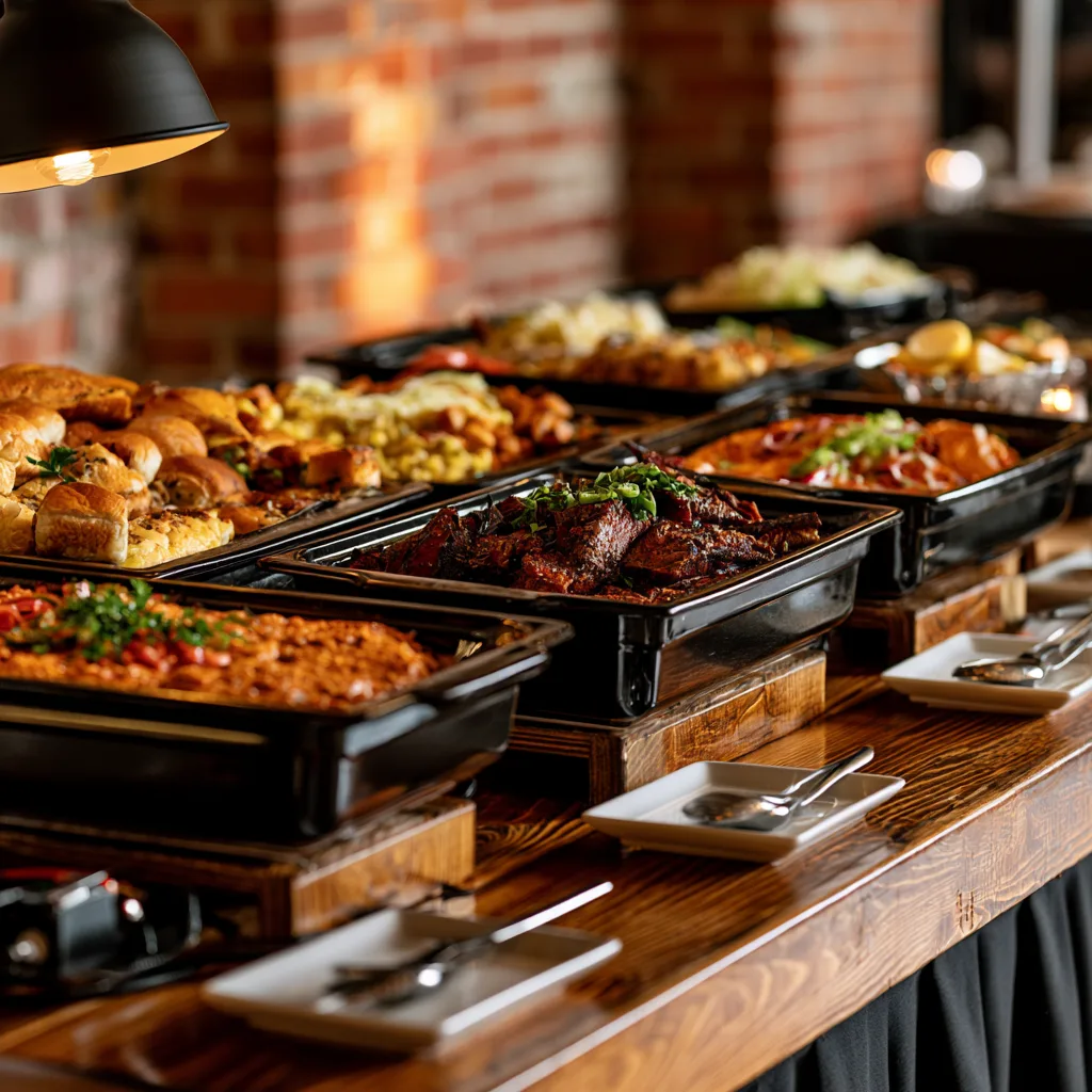 A high-volume catering buffet prepared for drop-off service